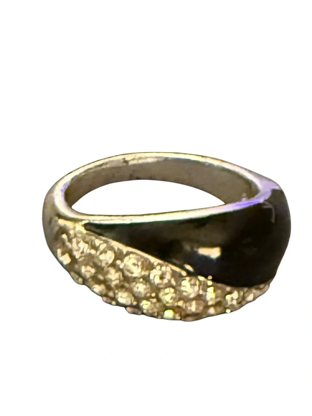 Vintage Avon NRT Black Enamel & Clear Rhinestone Pave' Ring Sz 8 Silver Tone